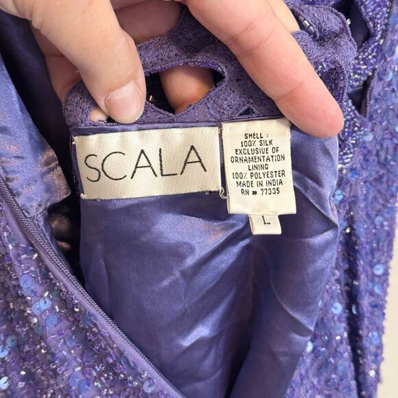 Vintage Scala Evening Gown L Purple Silk Sequin Beaded Gala Party Cocktail Prom - Picture 10 of 12